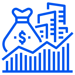 A blue pixel art style picture of a bag and graph